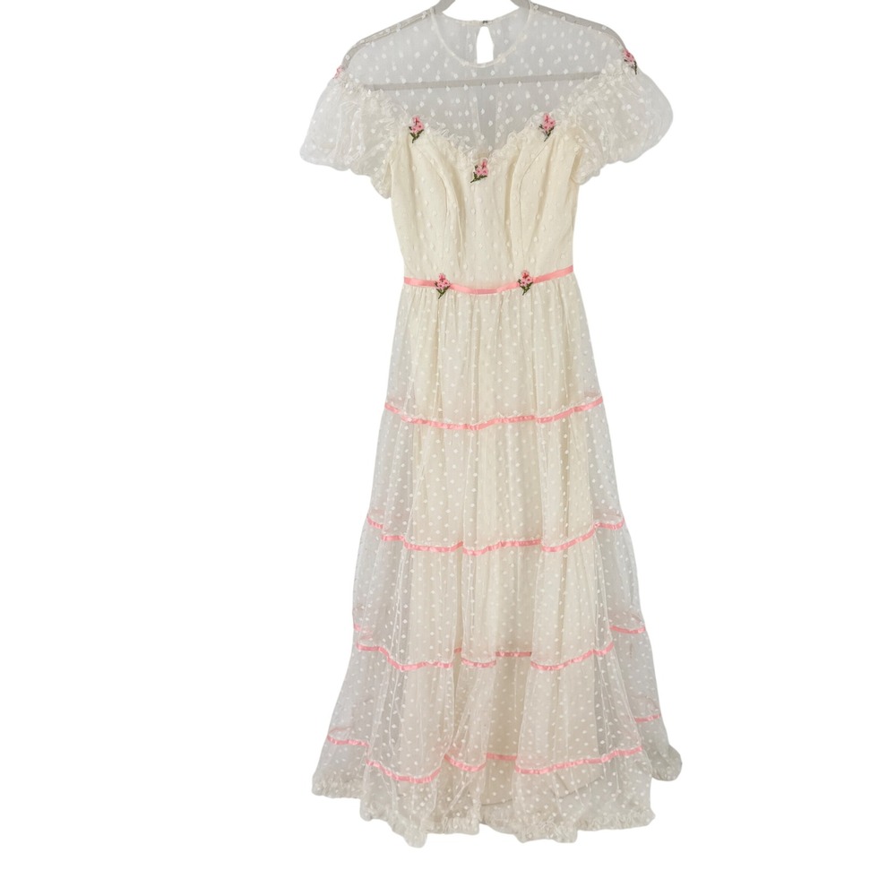 Vintage Prom Gown Maxi Dress Cream XS Polka Dot Embroidered Tulle Tiered